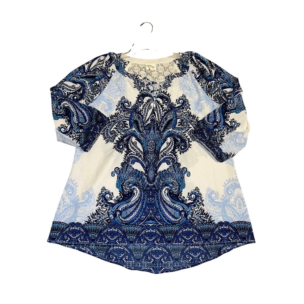 Fig and Flower Paisley Lace Back Tunic Top Women L Blue White Bell Sleeve Boho - Picture 7 of 10